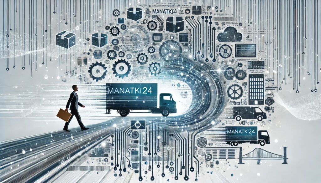 Grafika promocyjna w stylu biznesowym i inżynieryjnym, utrzymana w grafitowych odcieniach. Przedstawia idącego człowieka z neceserem, w garniturze  oraz zmierzającą w tym samym kierunku ciężarówkę  z napisem Manatki24. W tle znajdują się liczne koła zębate i ścieżki układów scalonych - symbolizuje postęp.