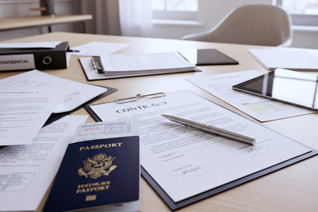 Dokumenty na biurku przygotowane do przeprowadzki międzynarodowej biura z Warszawy - na 1 planie lezy Paszport Zagraniczny z widoczną zatwierdzoną wizą obcego Państwa oraz kilka segregatorów, akt i podpisana umowa z firmą przeprowadzkową na realizację relokacji za granicę siedziby firmy.