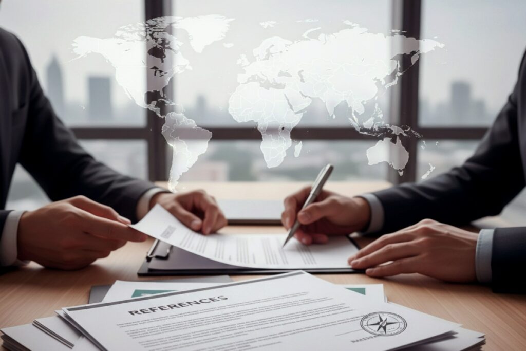 Generowana grafika promocyjna obrazująca moment podpisania umowy z firma przeprowadzkową na realizację przeprowadzki międzynarodowej, na biurku poza sama umową i podpisującymi ją reprezentantami stron, widać też organizer na tutułowej stronie którego mozna przeczytać tytuł "References" (z ang. Opinie/Referencje/Polecenia)