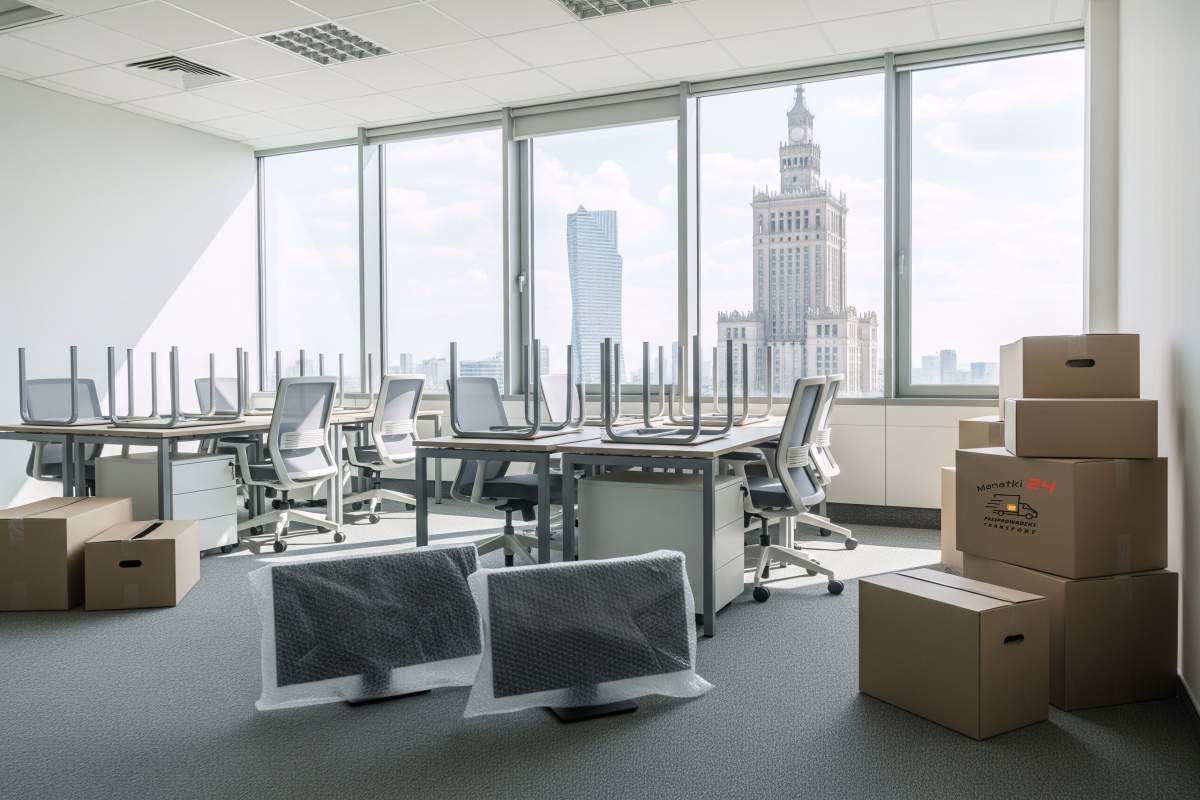 Wszystko gotowe do przeprowadzki biura warszawskiej firmy - zabezpieczony sprzęt biurowy, monitory, meble biurowe oraz rzeczy w kartonach - czekają na transport; za oknem - widok Warszawy