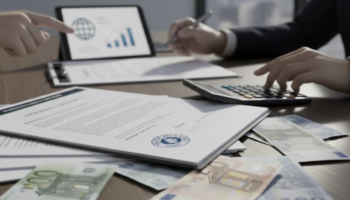 Dział Obsługi Klienta Manatki24 wraz z Klientem obliczają wydatki na przeprowadzkę międzynarodową, z formularzem umowy i banknotami euro na stole.