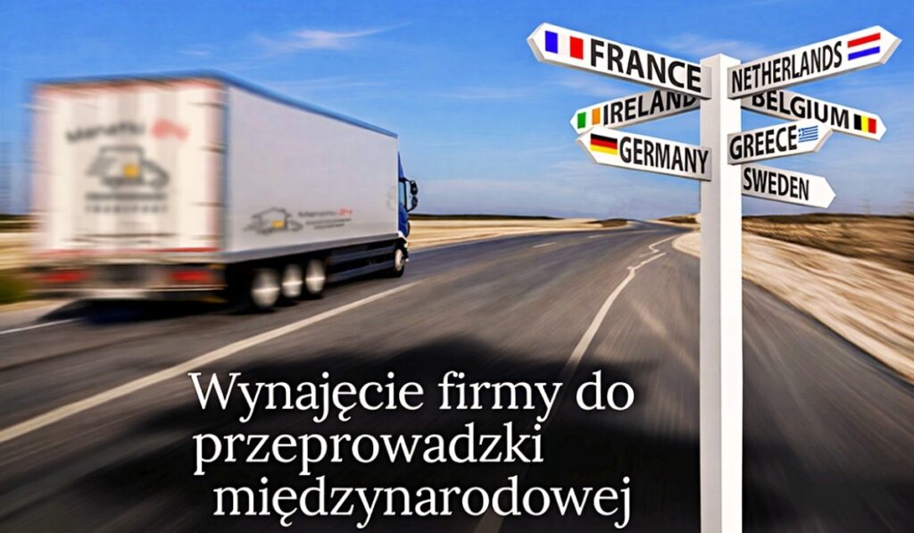 Infografika, miniaturka do wpisu blogowego Manatki24 - Wynajęcie firmy do przeprowadzki międzynarodowej. Droga prowadząca za horyzont, z lewej strony - duza ciężarówka przeprowadzkowa firmy Manatki24 w ruchu zmierzająca w dal, z prawej strony - drogowskaz Signpost z kierunkami EU (France, Ireland, Germany), na dole grafiki - napis tytuł wpisu na blogu.
