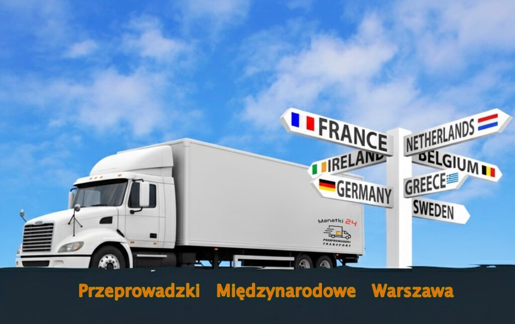 Baner promocyjny z tytułem na dole w zaciemnionym polu "Przeprowadzki  Międzynarodowe  Warszawa" - grafika przedstawia dużą białą ciężarówkę Manatki24 - widok z boku (lewej strony obrazu) oraz biały drogowskaz z popularnymi kierunkami przeprowadzek międzynarodowych takich jak "France", "Germany" (z prawej strony obrazu).